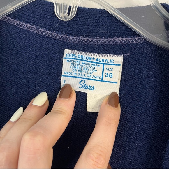 Vintage Sears Navy Blue Open Front Sweater Cardigan with Pockets - Picture 5 of 11